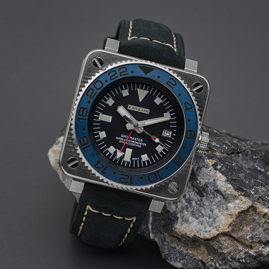 W1026 Blue Automatic Dive Watch with Leather Strap