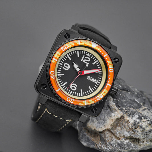 W1031 Orange Automatic Dive Watch with Leather Strap