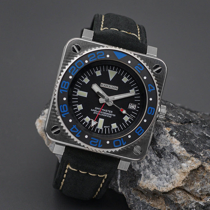 W1026 Blue Automatic Dive Watch with Leather Strap