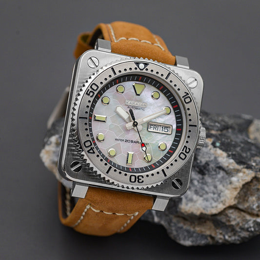 W1025 Silver Automatic Dive Watch with Leather Strap