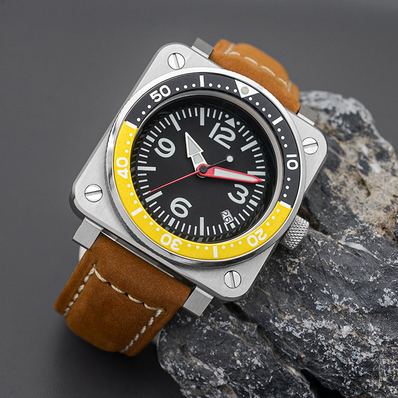 W1019 Black-Yellow Automatic Dive Watch with Leather Strap