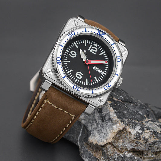 W1027 Silver Pink Automatic Dive Watch with Leather Strap