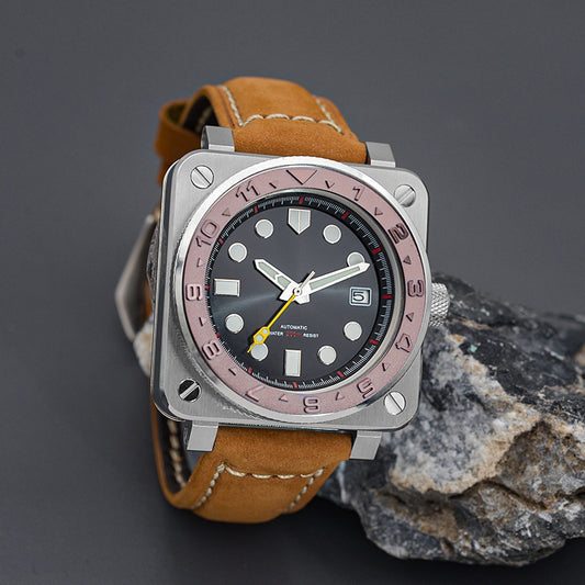 W1017 Rose Pink Automatic Dive Watch with Leather Strap