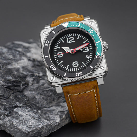 W1028 Black-Green Pink Automatic Dive Watch with Leather Strap