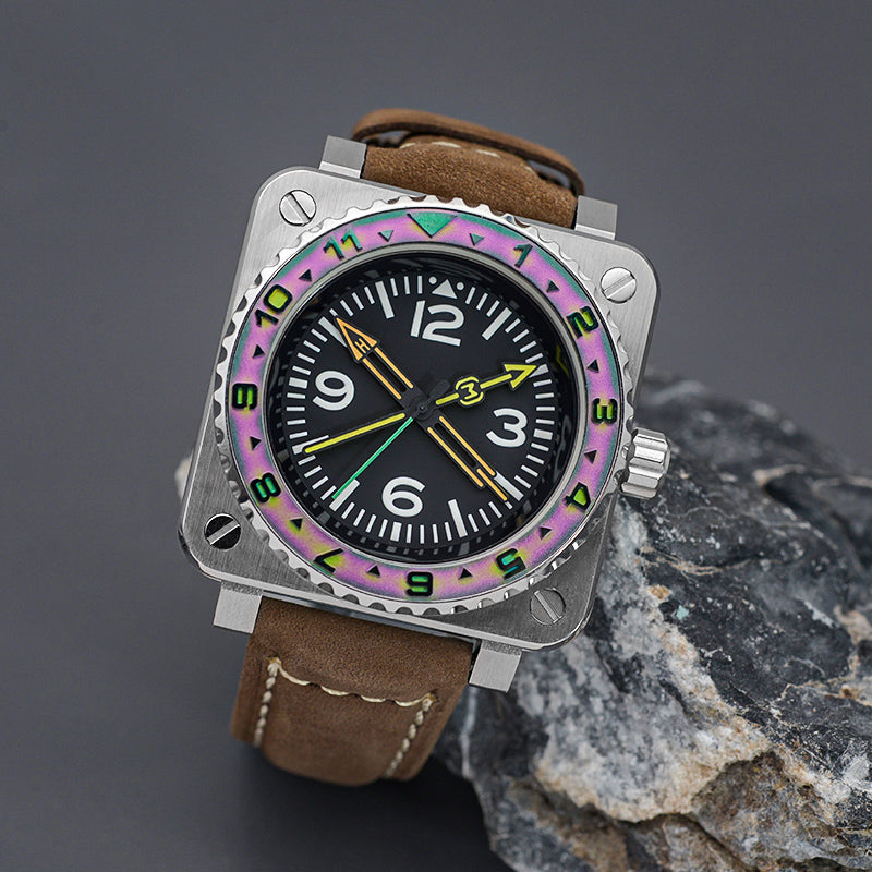 W1029 Purple Automatic Dive Watch with Leather Strap