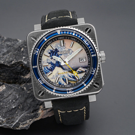 W1023 Blue Automatic Dive Watch with Leather Strap