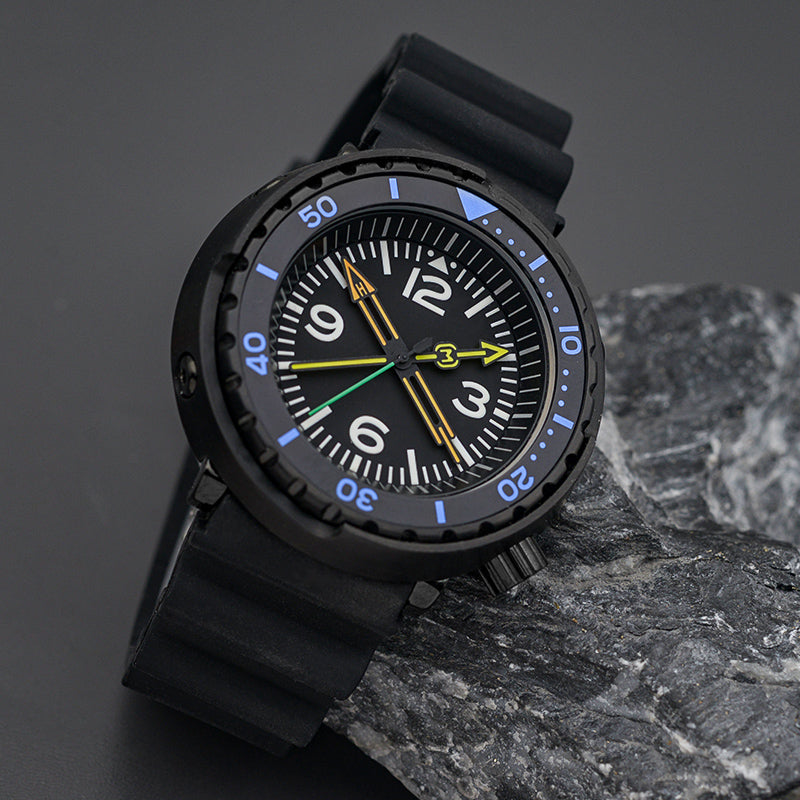 W1003 Black-Blue Automatic Dive Watch with Rubber Strap