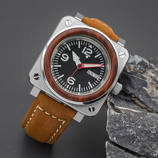 W1018 Dark Red Automatic Dive Watch with Leather Strap