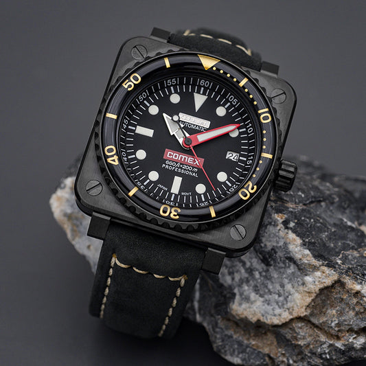 W1030 Black Automatic Dive Watch with Leather Strap