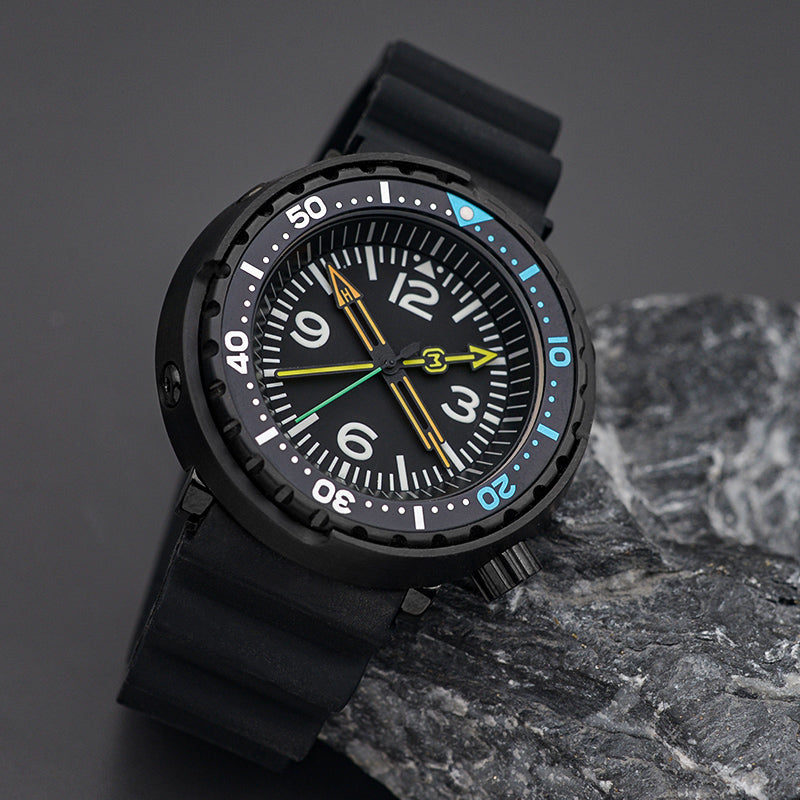 W1003 Black-Blue Automatic Dive Watch with Rubber Strap