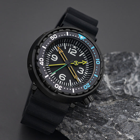 W1003 Black-Blue Automatic Dive Watch with Rubber Strap