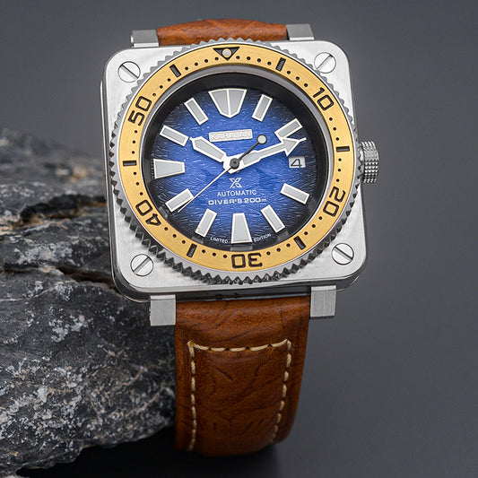 W1022 Gold Pink Automatic Dive Watch with Leather Strap